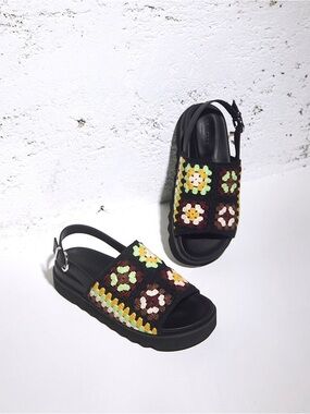 Women's Black Crochet Platform Sandals with Multicolor Floral Accents